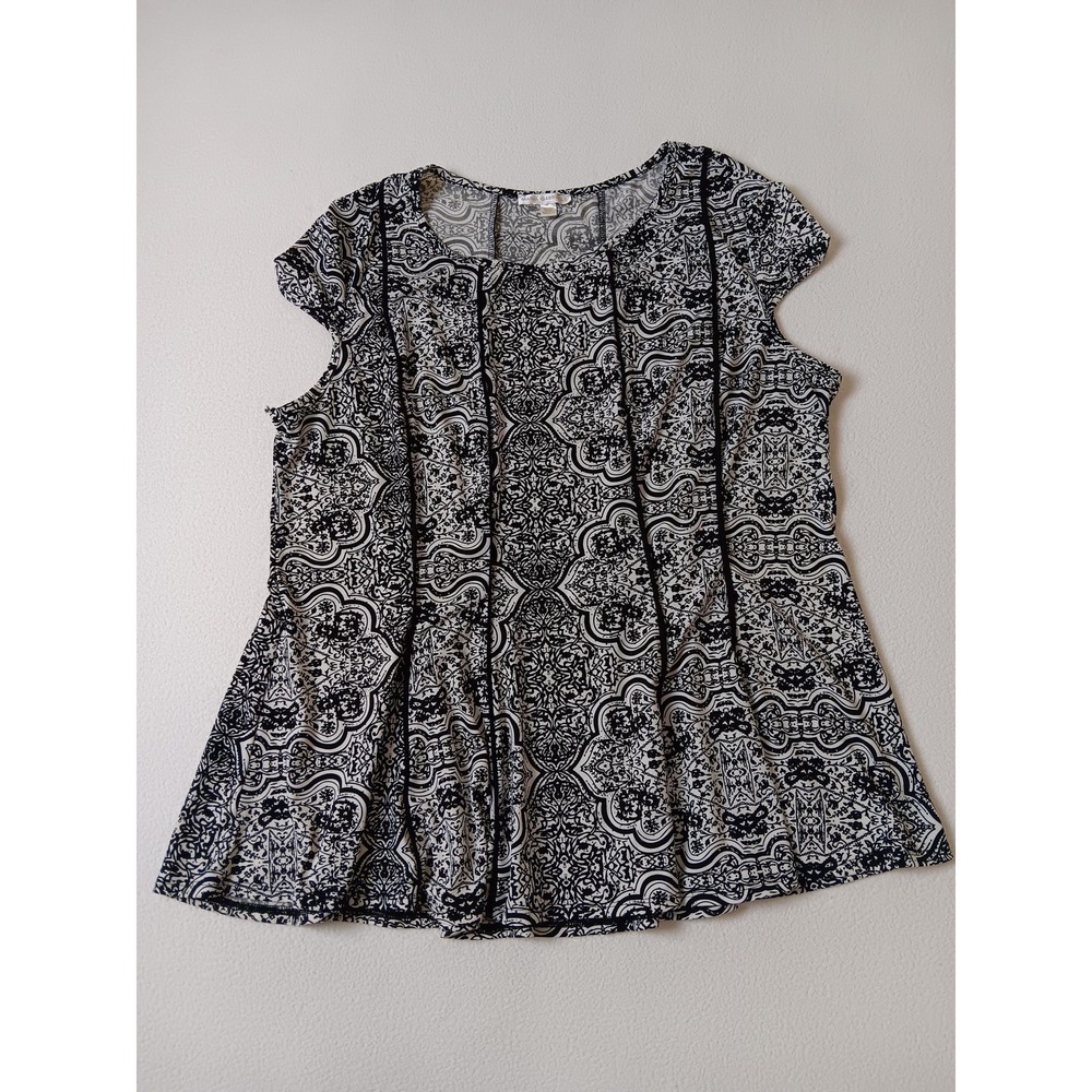 Maria Gabrielle Blouse Womens 3X Black Geometric Scoop Neck Cap Sleeve Tunic